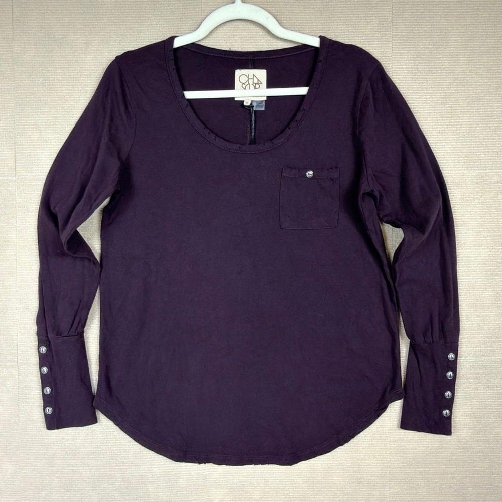 Chaser Womens Long Sleeve Pocket Tee Blackberry Purple Distressed Size M CW6908
